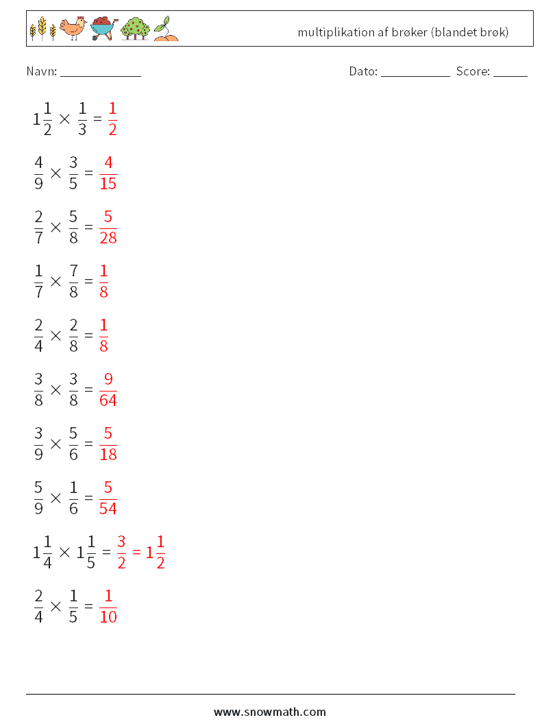 (10) multiplikation af brøker (blandet brøk) Matematiske regneark 17 Spørgsmål, svar