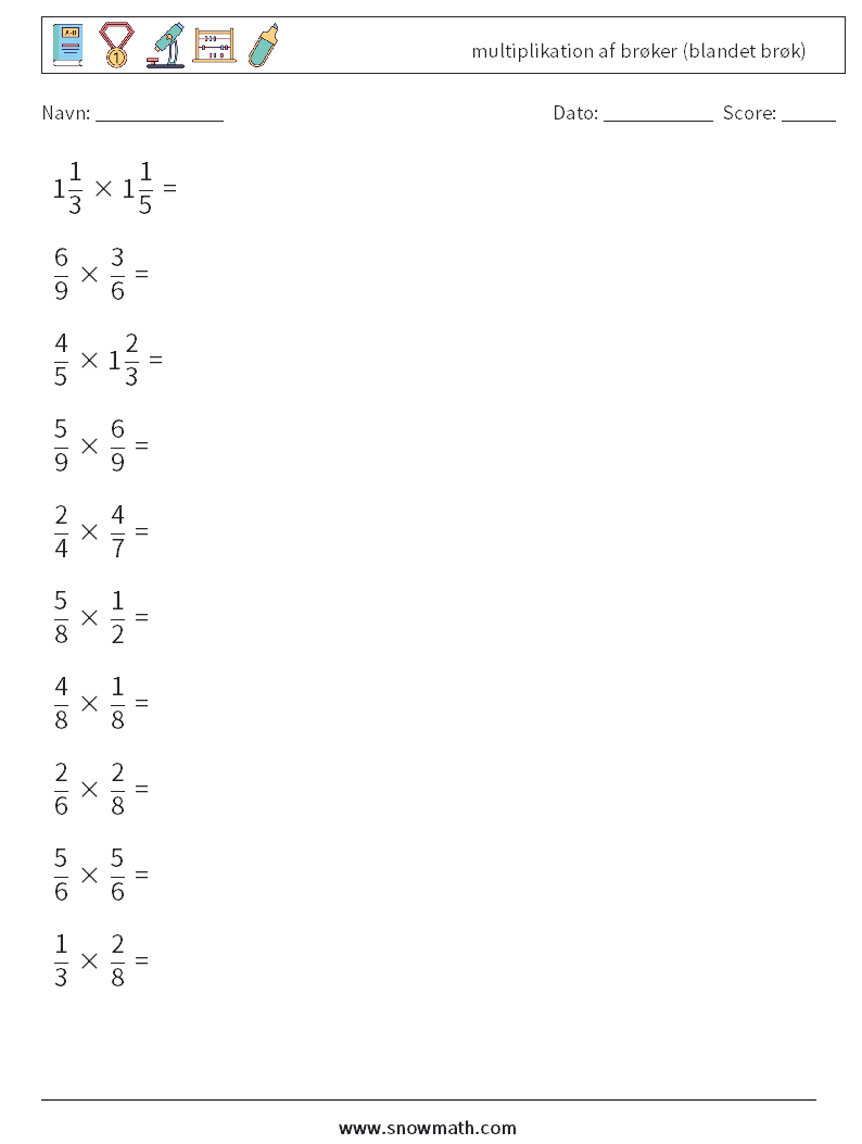 (10) multiplikation af brøker (blandet brøk) Matematiske regneark 18