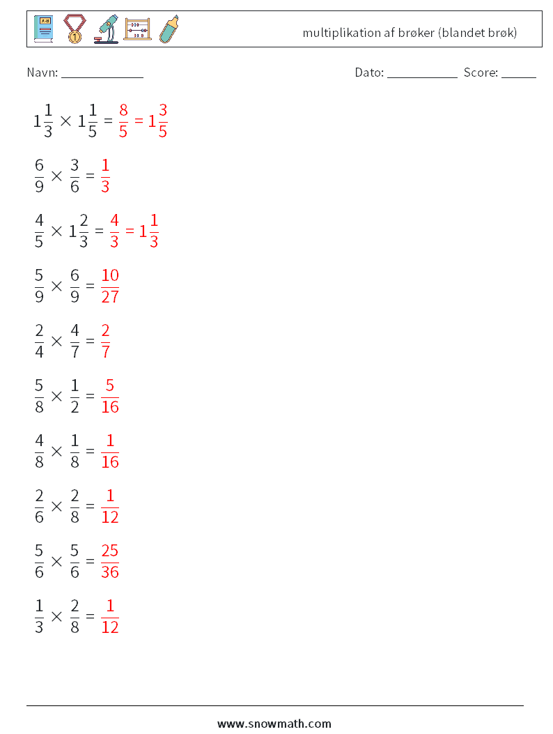 (10) multiplikation af brøker (blandet brøk) Matematiske regneark 18 Spørgsmål, svar