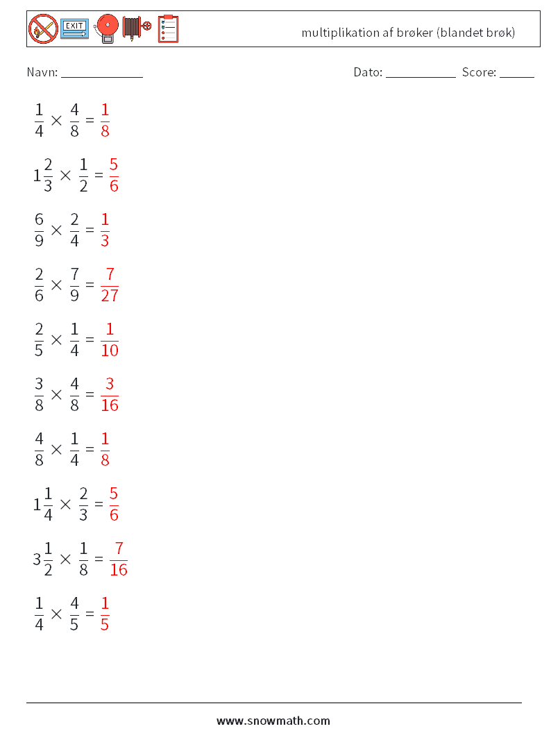 (10) multiplikation af brøker (blandet brøk) Matematiske regneark 1 Spørgsmål, svar