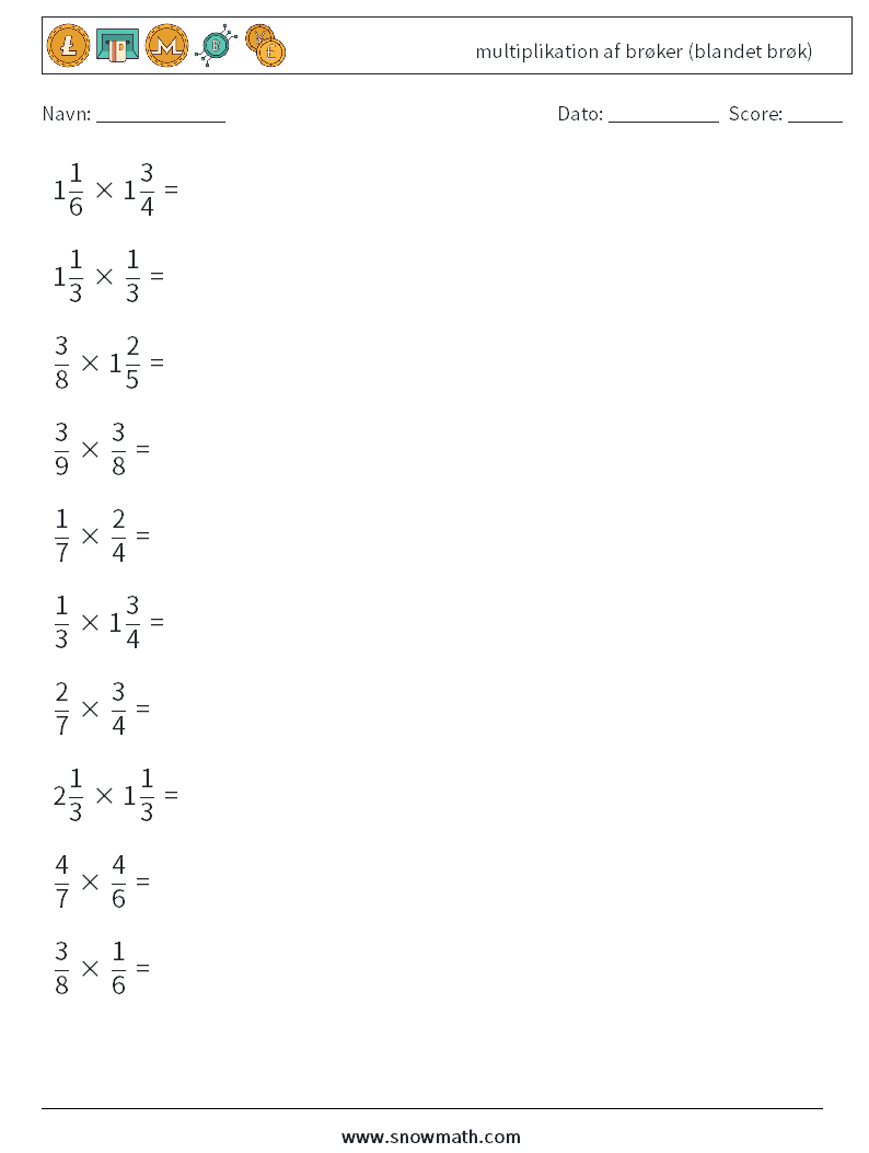 (10) multiplikation af brøker (blandet brøk) Matematiske regneark 2