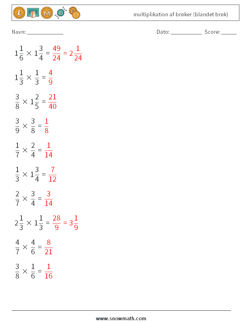 (10) multiplikation af brøker (blandet brøk) Matematiske regneark 2 Spørgsmål, svar