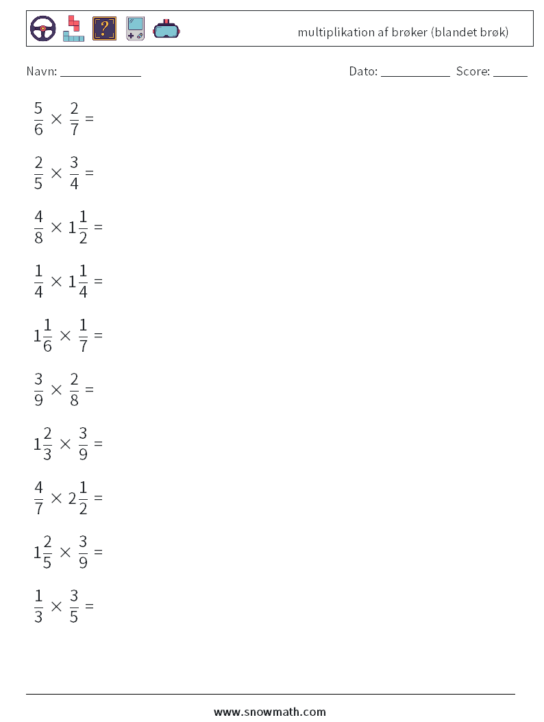 (10) multiplikation af brøker (blandet brøk) Matematiske regneark 3