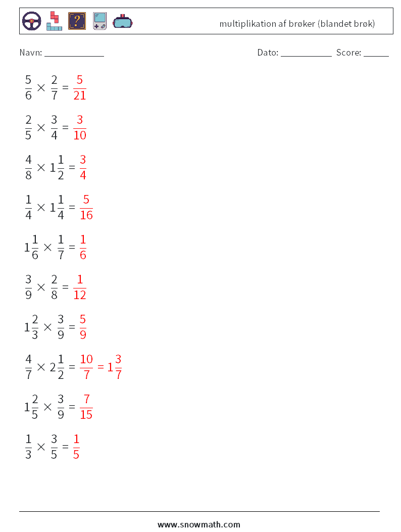 (10) multiplikation af brøker (blandet brøk) Matematiske regneark 3 Spørgsmål, svar