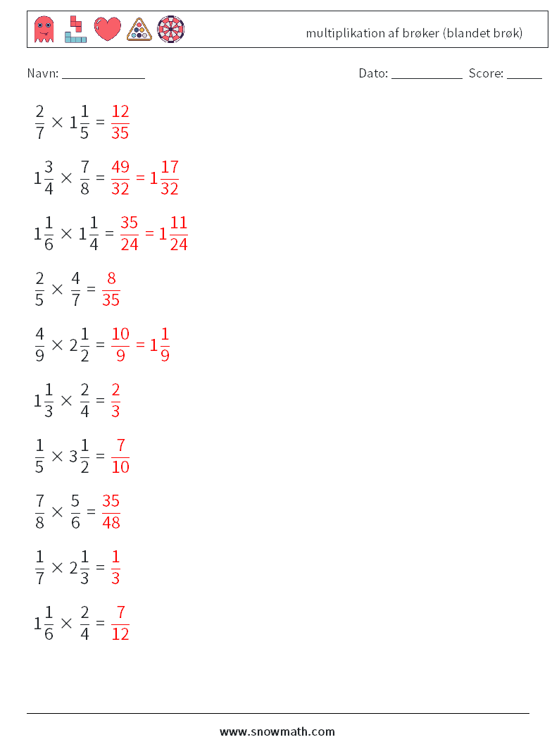 (10) multiplikation af brøker (blandet brøk) Matematiske regneark 5 Spørgsmål, svar