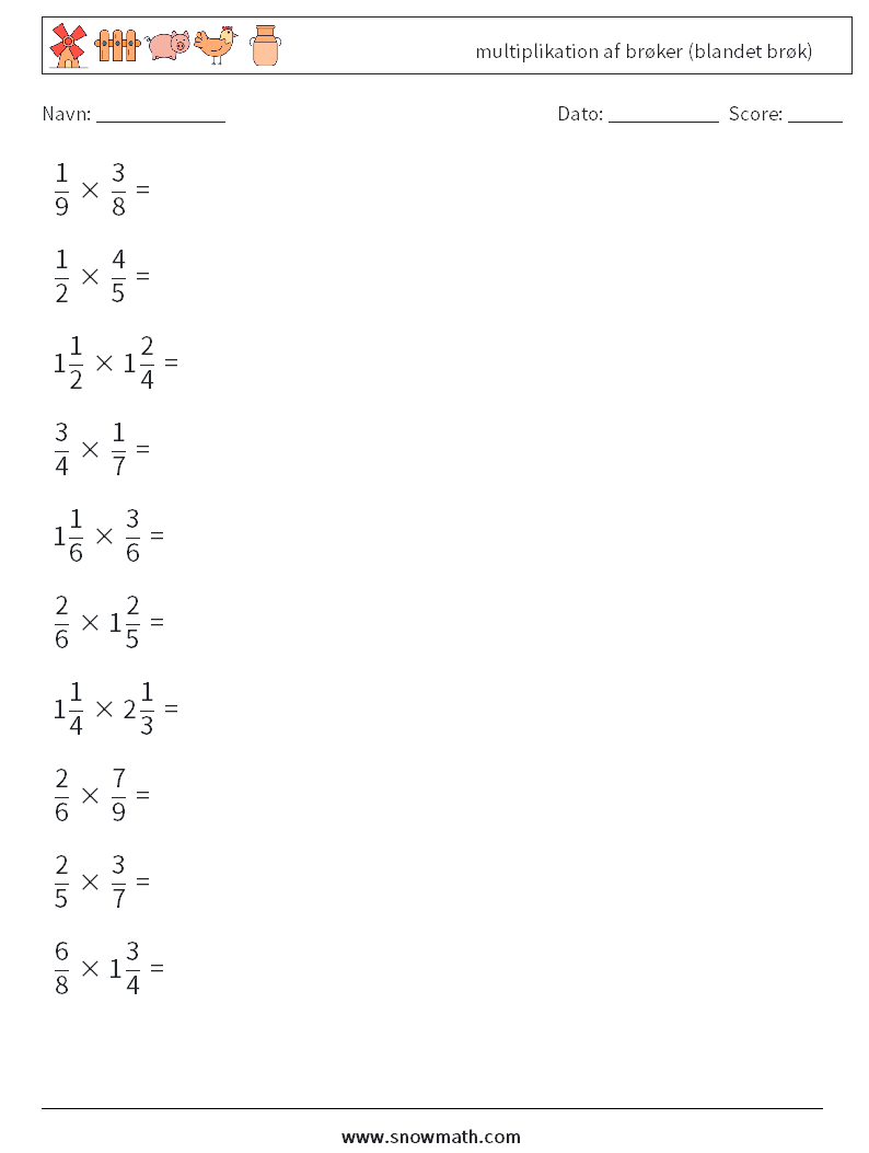 (10) multiplikation af brøker (blandet brøk) Matematiske regneark 6