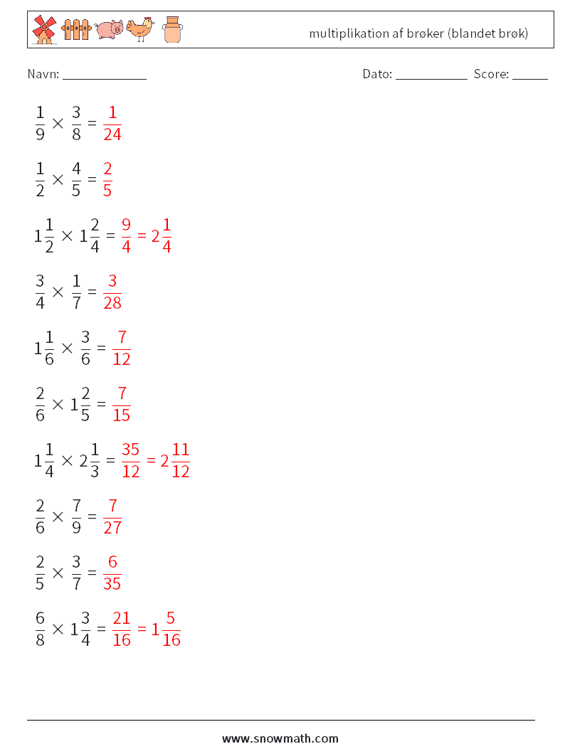 (10) multiplikation af brøker (blandet brøk) Matematiske regneark 6 Spørgsmål, svar
