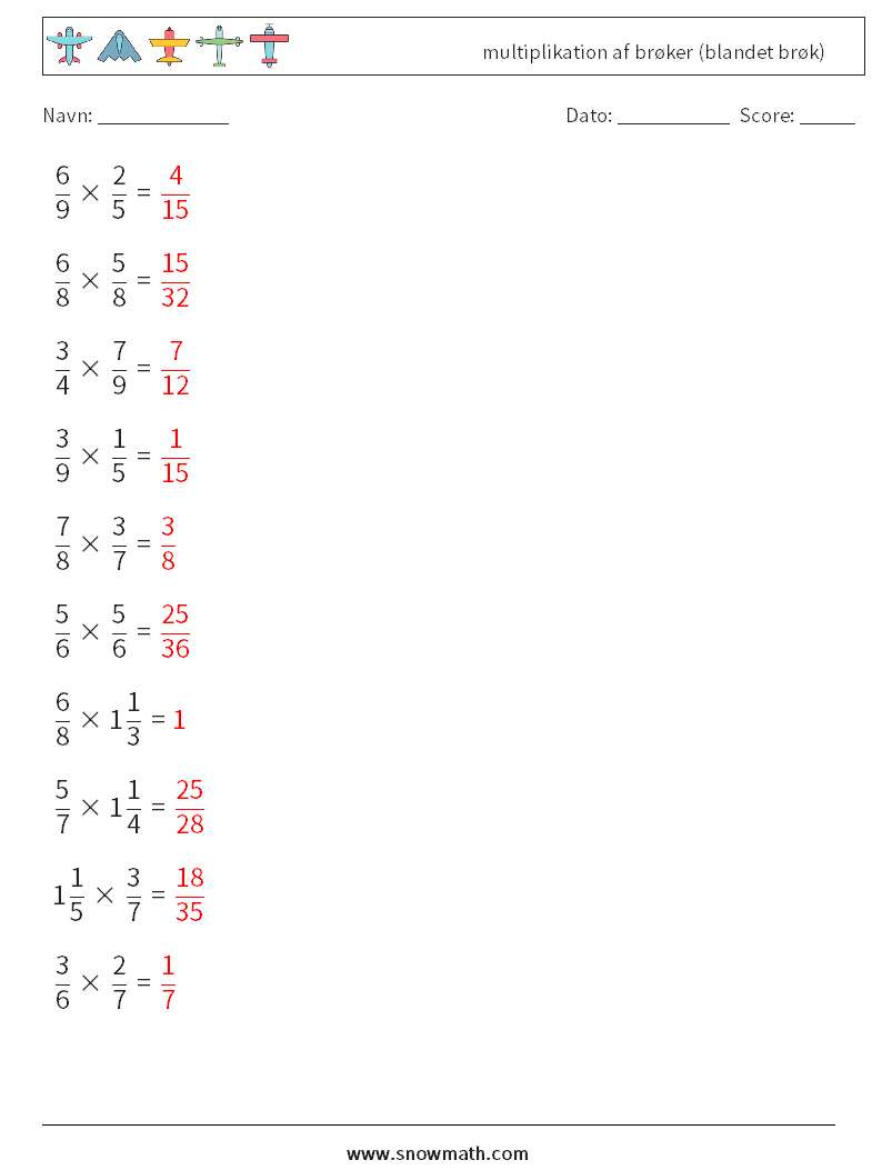 (10) multiplikation af brøker (blandet brøk) Matematiske regneark 7 Spørgsmål, svar