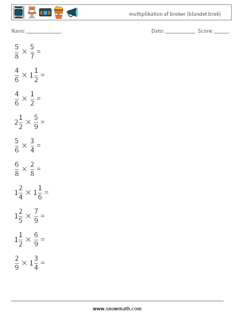 (10) multiplikation af brøker (blandet brøk) Matematiske regneark 8
