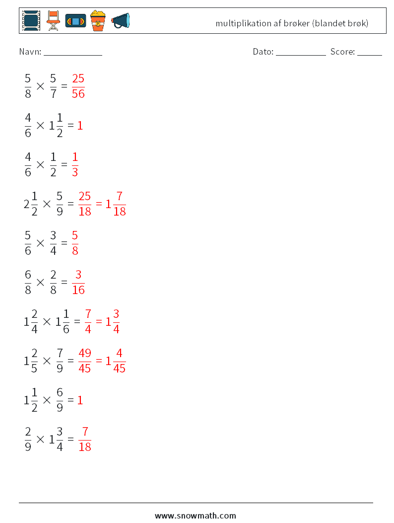 (10) multiplikation af brøker (blandet brøk) Matematiske regneark 8 Spørgsmål, svar