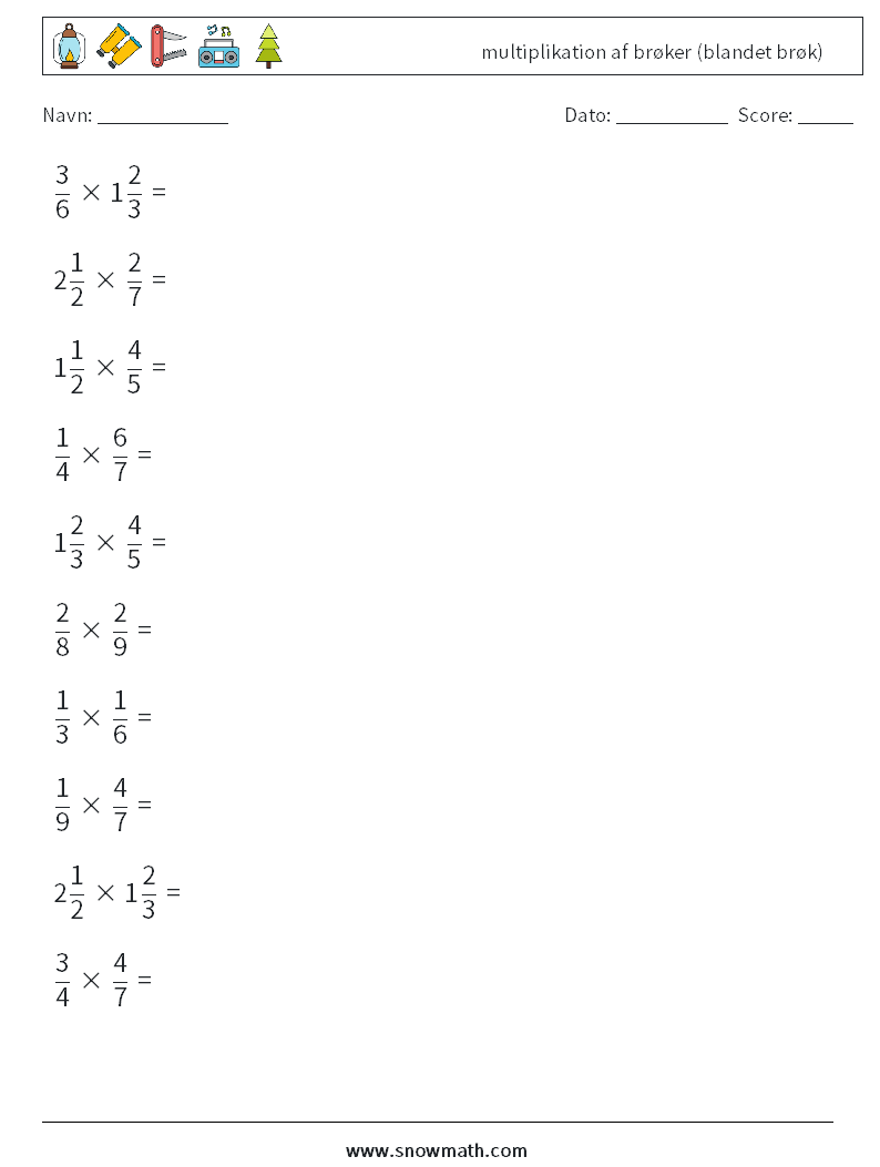 (10) multiplikation af brøker (blandet brøk) Matematiske regneark 9