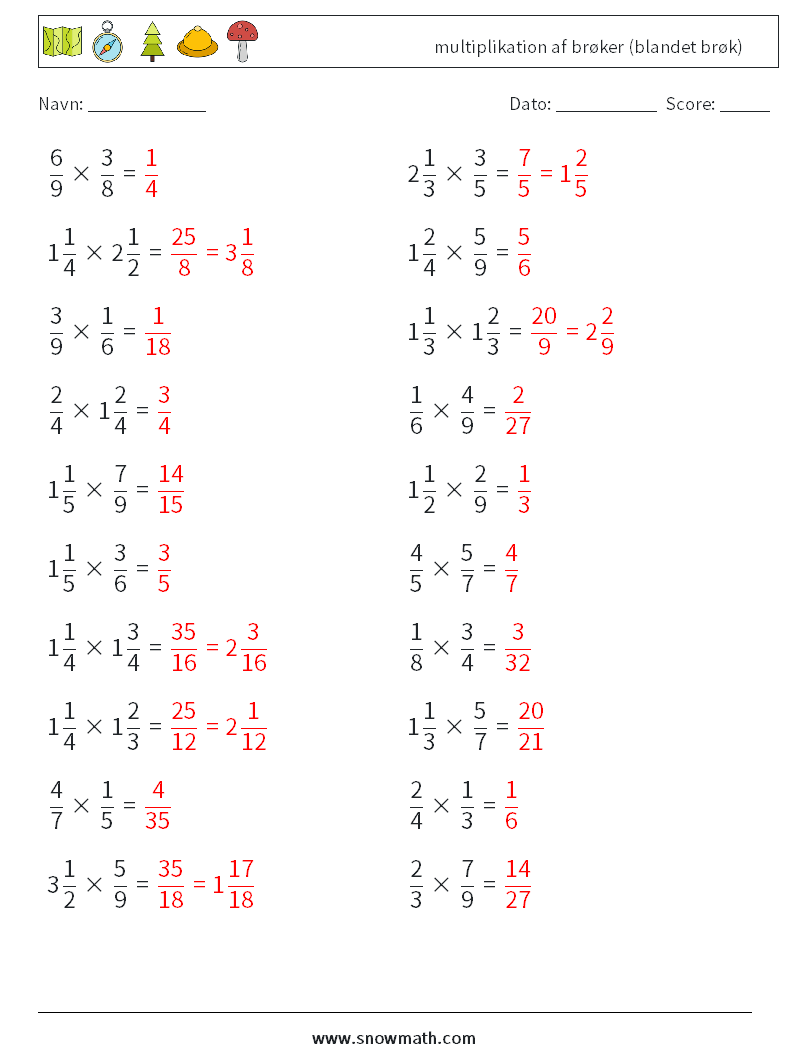 (20) multiplikation af brøker (blandet brøk) Matematiske regneark 10 Spørgsmål, svar