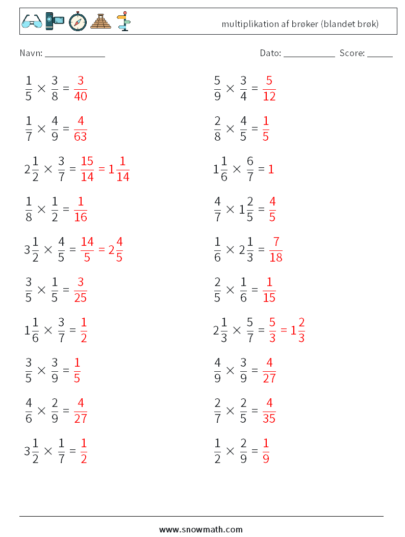 (20) multiplikation af brøker (blandet brøk) Matematiske regneark 11 Spørgsmål, svar