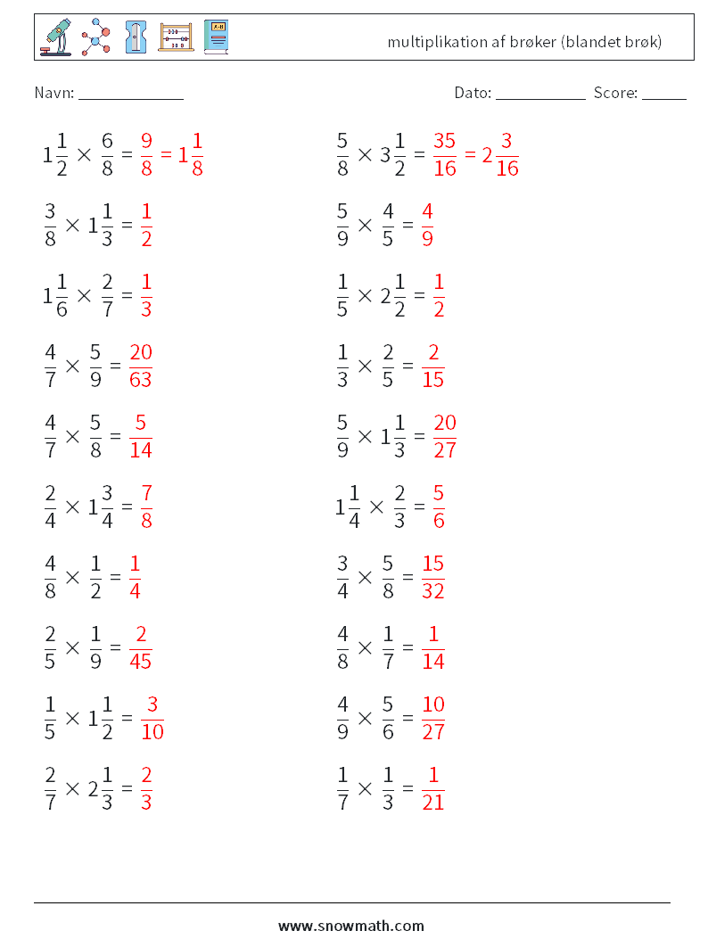 (20) multiplikation af brøker (blandet brøk) Matematiske regneark 12 Spørgsmål, svar
