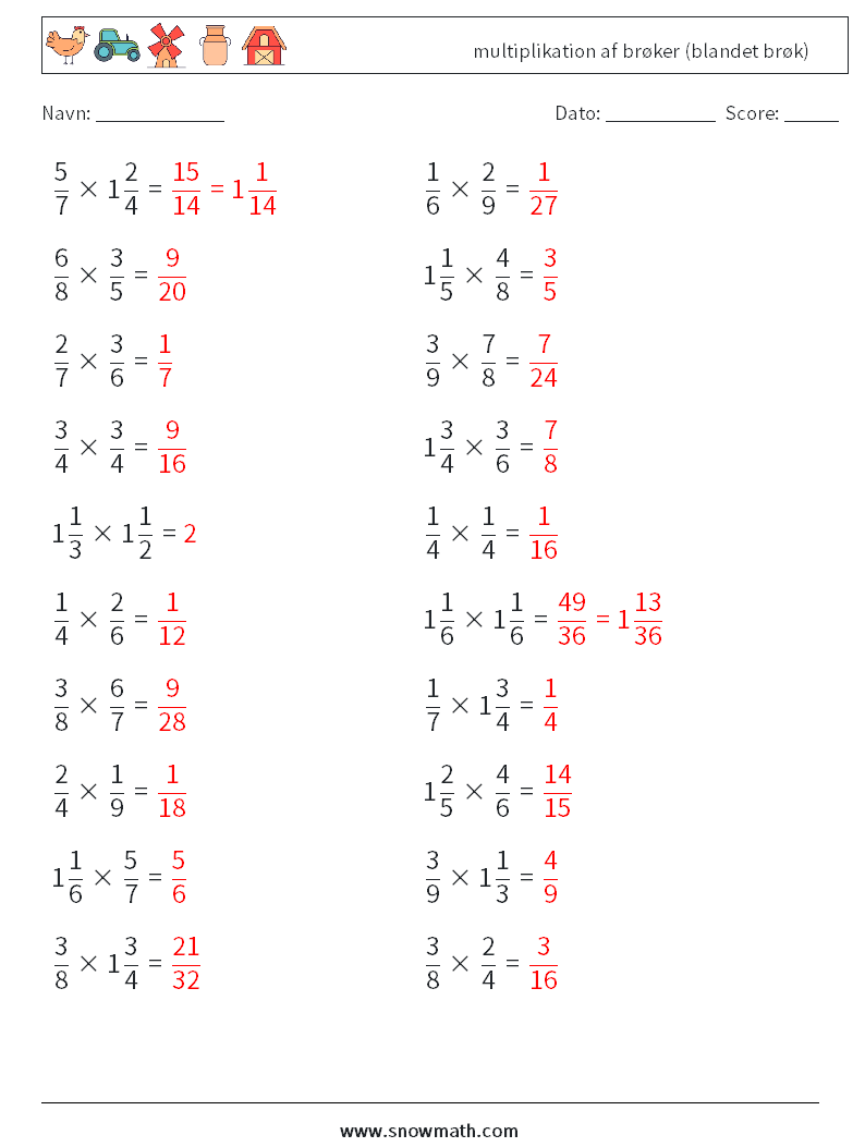 (20) multiplikation af brøker (blandet brøk) Matematiske regneark 14 Spørgsmål, svar