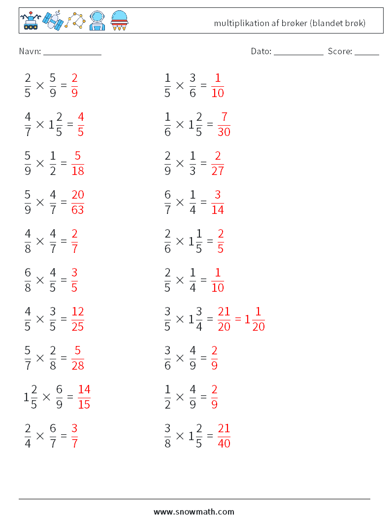 (20) multiplikation af brøker (blandet brøk) Matematiske regneark 15 Spørgsmål, svar