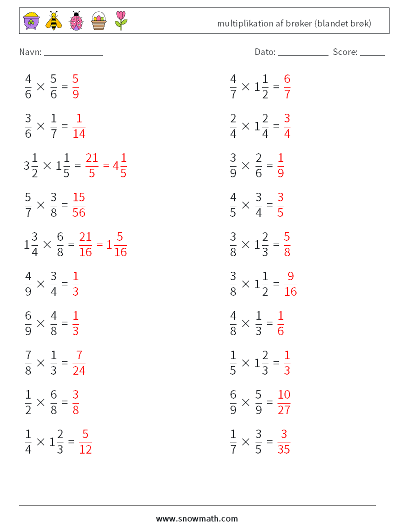 (20) multiplikation af brøker (blandet brøk) Matematiske regneark 18 Spørgsmål, svar