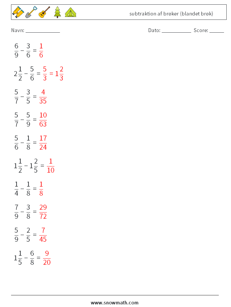 (10) subtraktion af brøker (blandet brøk) Matematiske regneark 10 Spørgsmål, svar