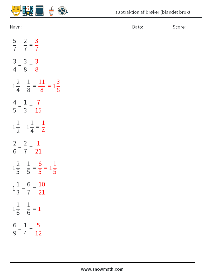 (10) subtraktion af brøker (blandet brøk) Matematiske regneark 11 Spørgsmål, svar