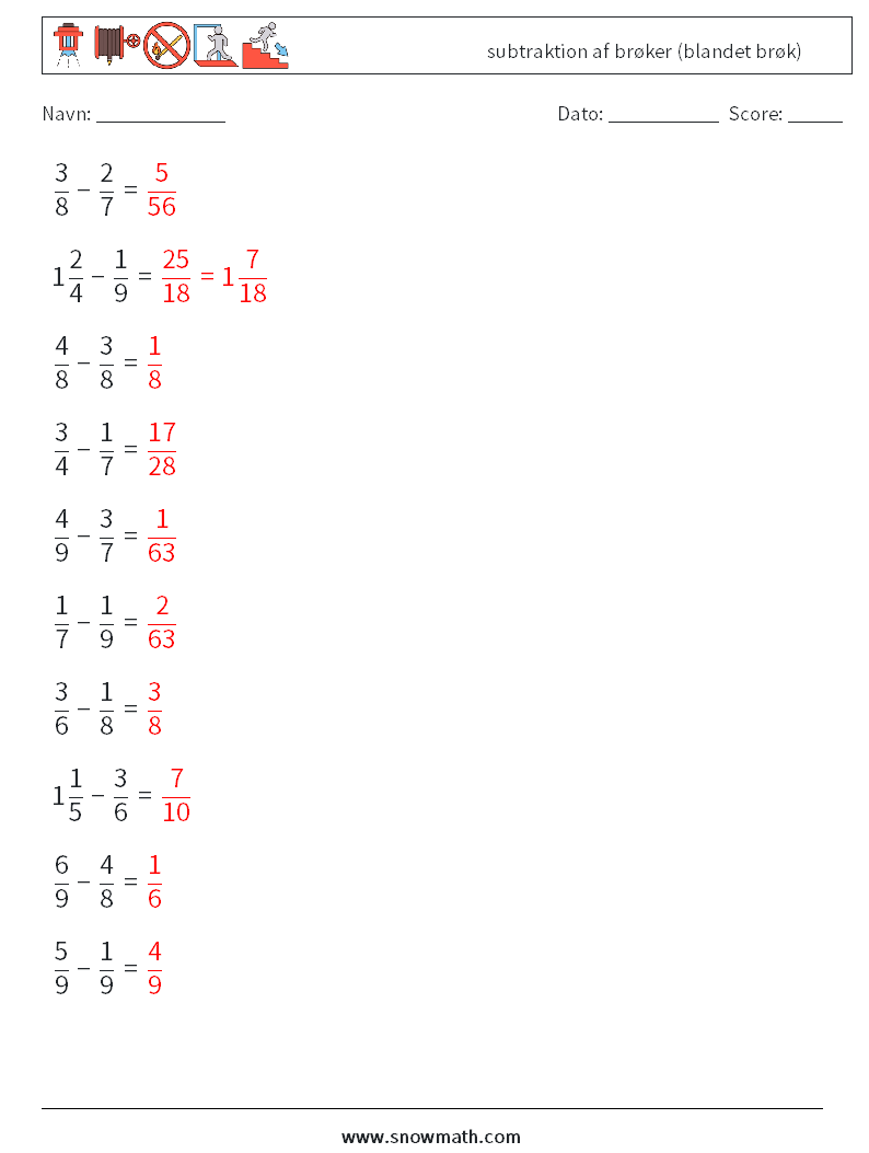 (10) subtraktion af brøker (blandet brøk) Matematiske regneark 12 Spørgsmål, svar