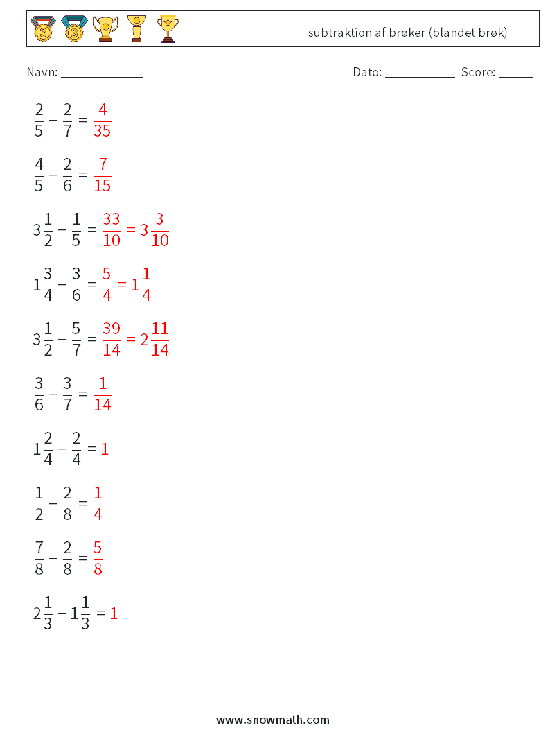 (10) subtraktion af brøker (blandet brøk) Matematiske regneark 13 Spørgsmål, svar