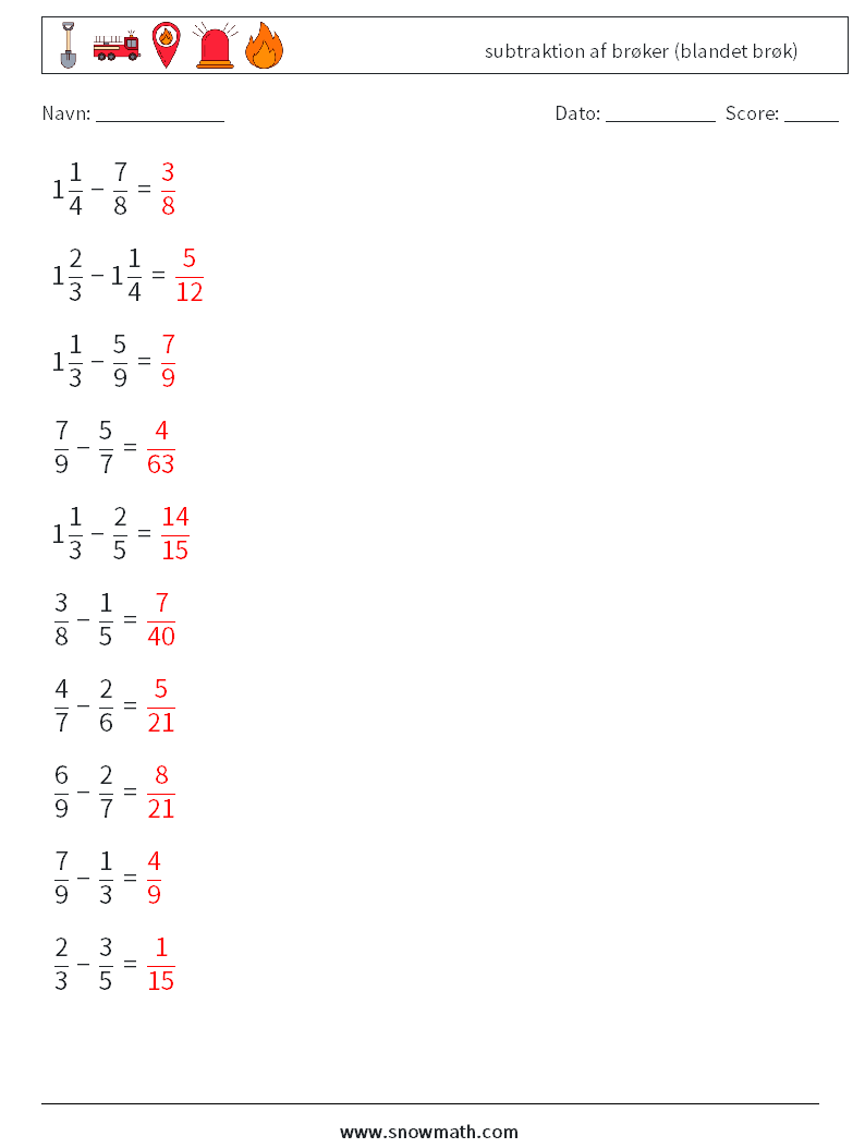 (10) subtraktion af brøker (blandet brøk) Matematiske regneark 15 Spørgsmål, svar