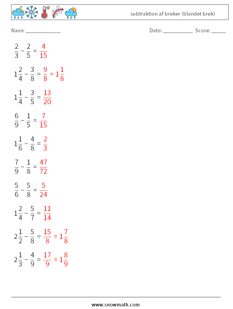 (10) subtraktion af brøker (blandet brøk) Matematiske regneark 17 Spørgsmål, svar