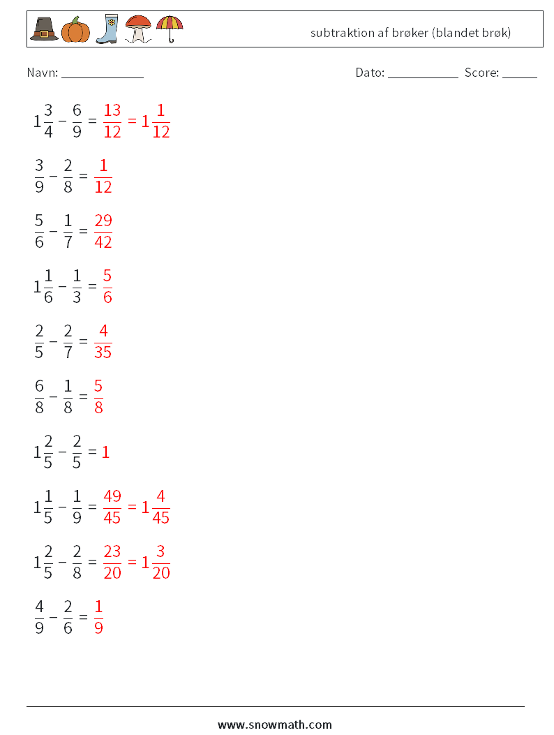 (10) subtraktion af brøker (blandet brøk) Matematiske regneark 18 Spørgsmål, svar