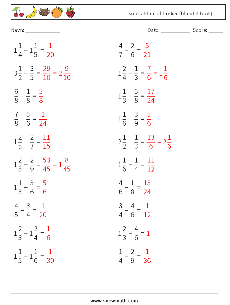 (20) subtraktion af brøker (blandet brøk) Matematiske regneark 13 Spørgsmål, svar
