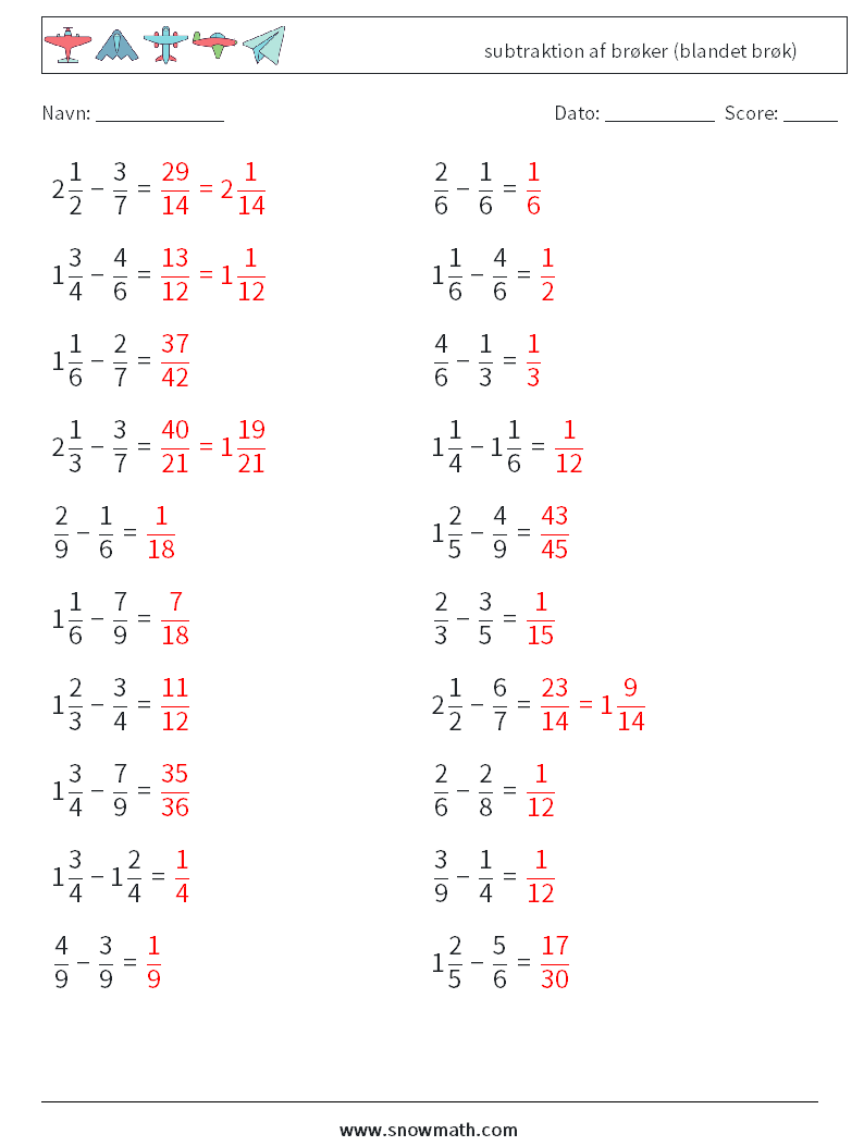 (20) subtraktion af brøker (blandet brøk) Matematiske regneark 14 Spørgsmål, svar