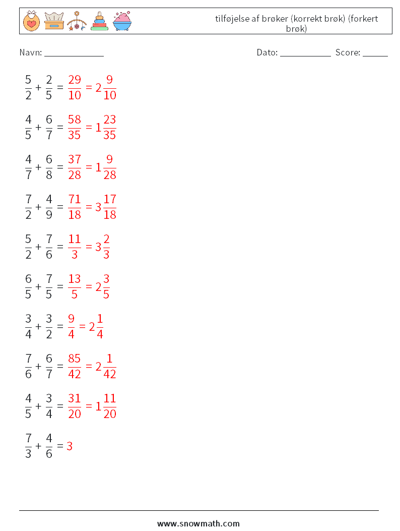 (10) tilføjelse af brøker (korrekt brøk) (forkert brøk) Matematiske regneark 10 Spørgsmål, svar