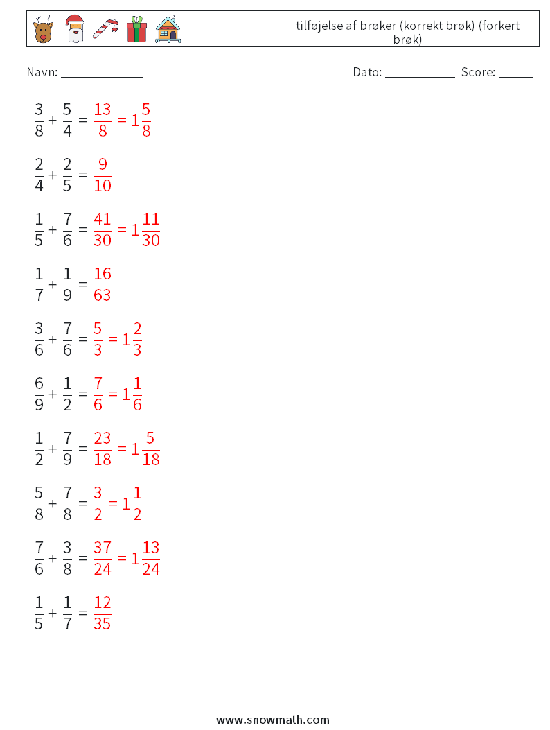 (10) tilføjelse af brøker (korrekt brøk) (forkert brøk) Matematiske regneark 11 Spørgsmål, svar