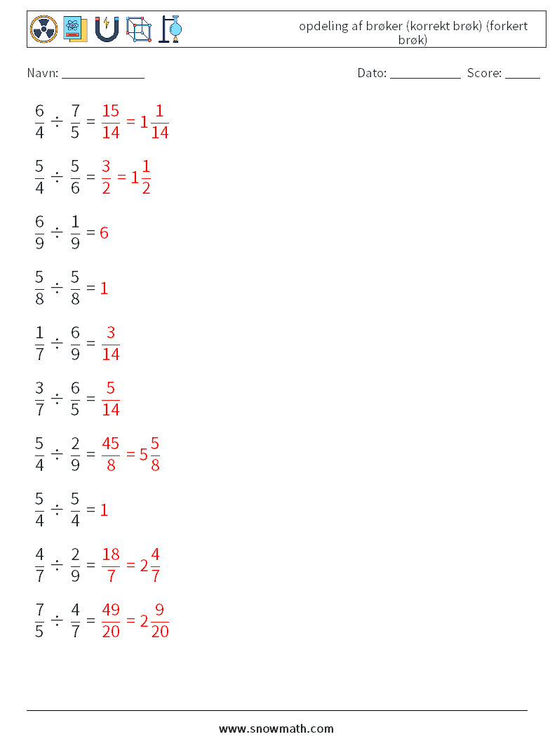 (10) opdeling af brøker (korrekt brøk) (forkert brøk) Matematiske regneark 10 Spørgsmål, svar