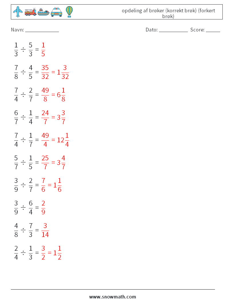 (10) opdeling af brøker (korrekt brøk) (forkert brøk) Matematiske regneark 11 Spørgsmål, svar