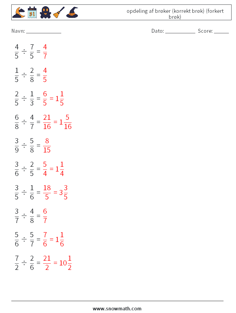 (10) opdeling af brøker (korrekt brøk) (forkert brøk) Matematiske regneark 12 Spørgsmål, svar