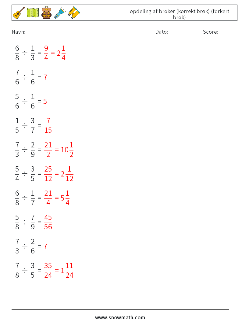 (10) opdeling af brøker (korrekt brøk) (forkert brøk) Matematiske regneark 13 Spørgsmål, svar