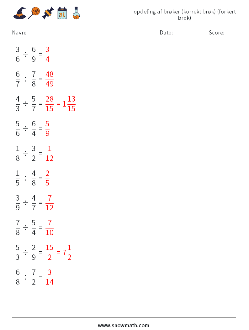 (10) opdeling af brøker (korrekt brøk) (forkert brøk) Matematiske regneark 14 Spørgsmål, svar
