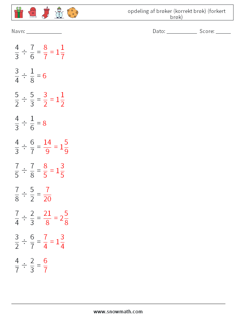(10) opdeling af brøker (korrekt brøk) (forkert brøk) Matematiske regneark 15 Spørgsmål, svar