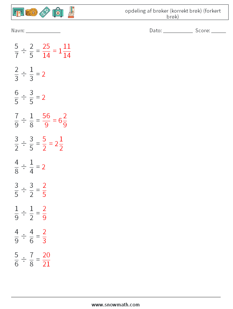 (10) opdeling af brøker (korrekt brøk) (forkert brøk) Matematiske regneark 16 Spørgsmål, svar