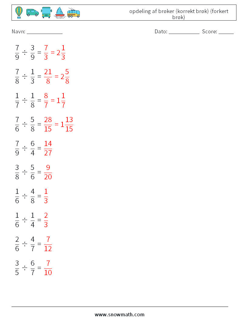 (10) opdeling af brøker (korrekt brøk) (forkert brøk) Matematiske regneark 17 Spørgsmål, svar