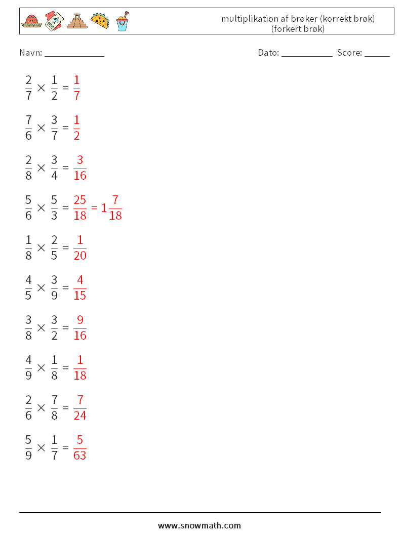 (10) multiplikation af brøker (korrekt brøk) (forkert brøk) Matematiske regneark 10 Spørgsmål, svar