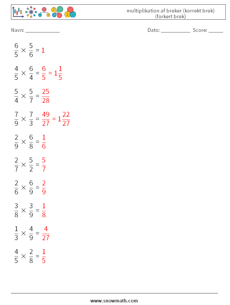 (10) multiplikation af brøker (korrekt brøk) (forkert brøk) Matematiske regneark 12 Spørgsmål, svar