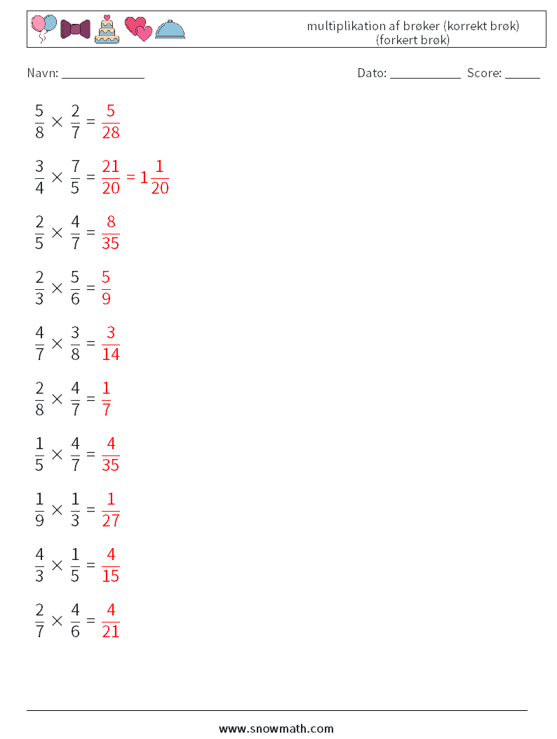 (10) multiplikation af brøker (korrekt brøk) (forkert brøk) Matematiske regneark 13 Spørgsmål, svar