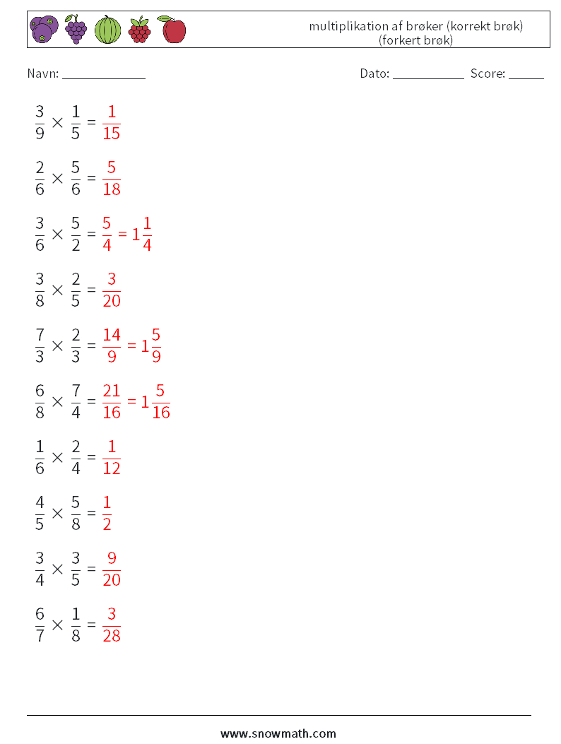 (10) multiplikation af brøker (korrekt brøk) (forkert brøk) Matematiske regneark 14 Spørgsmål, svar