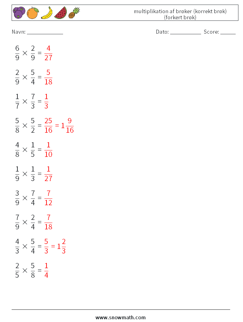 (10) multiplikation af brøker (korrekt brøk) (forkert brøk) Matematiske regneark 15 Spørgsmål, svar