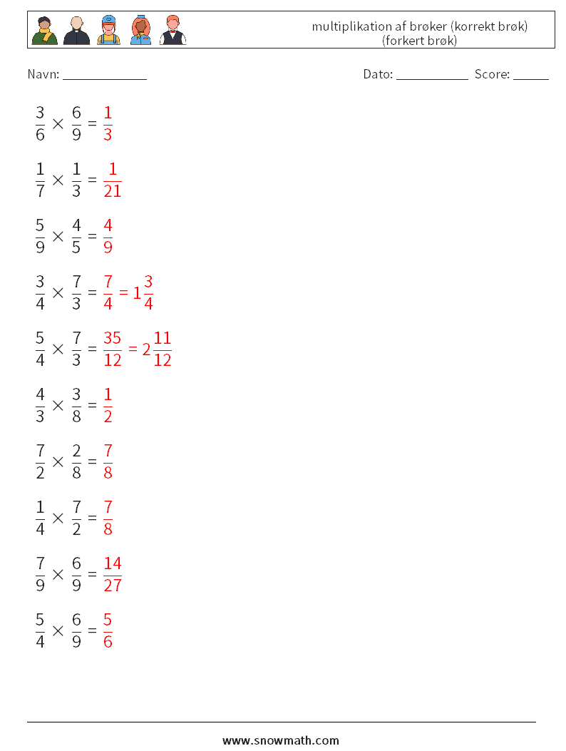 (10) multiplikation af brøker (korrekt brøk) (forkert brøk) Matematiske regneark 16 Spørgsmål, svar
