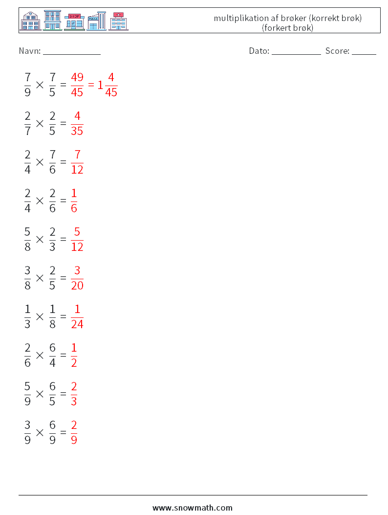 (10) multiplikation af brøker (korrekt brøk) (forkert brøk) Matematiske regneark 17 Spørgsmål, svar