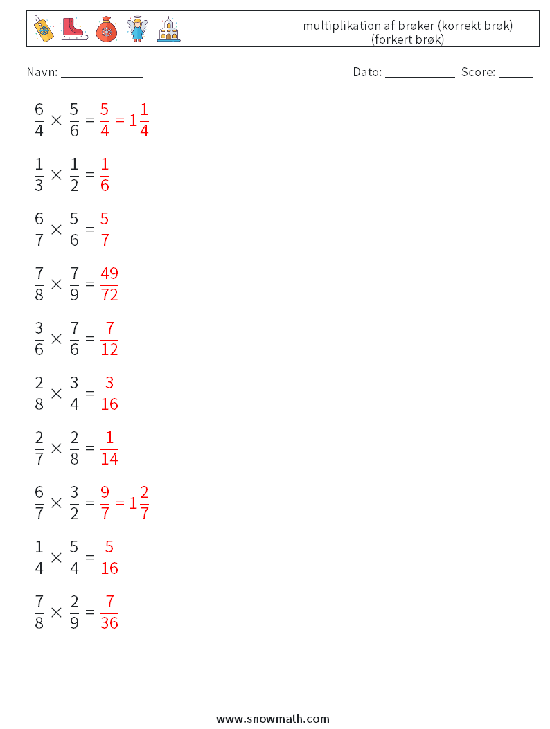 (10) multiplikation af brøker (korrekt brøk) (forkert brøk) Matematiske regneark 18 Spørgsmål, svar