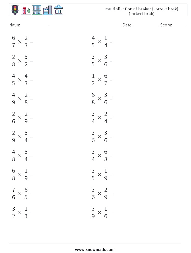 (20) multiplikation af brøker (korrekt brøk) (forkert brøk) Matematiske regneark 10