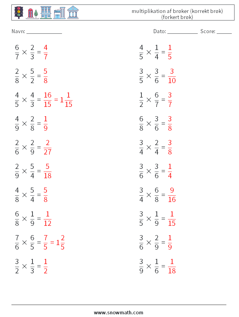 (20) multiplikation af brøker (korrekt brøk) (forkert brøk) Matematiske regneark 10 Spørgsmål, svar